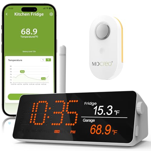 MOCREO WiFi Remote Refrigerator Thermometer, 1/3 Mile Long Range Freezer Alarm, IP66 Waterproof, App Email Alert, with Digital Monitor Hub, 1 Smart Wireless Temperature Sensor for Kitchen, Fridge, RV - style: 1 Long Range LCD Hub + 1 Waterproof Sensor