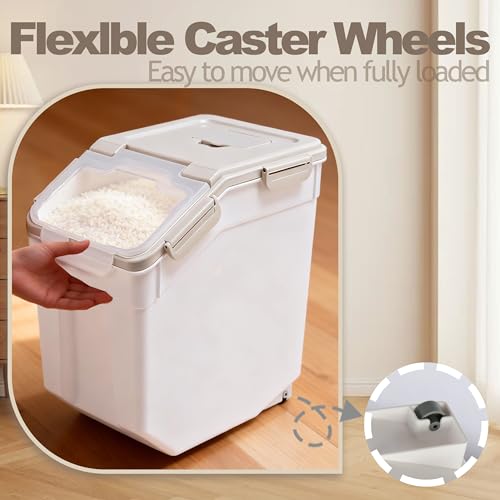RUIAN 2Pcs Large Flour Storage Container Bin 50Lb Airtight Rice Storage Containers with Wheels Seal Locking Lid, BPA Free with Measuring Cup&Scoop for Flour, Rice, Grain 100LBS Total (Grey) - color: Gray 2Pack 50Lb