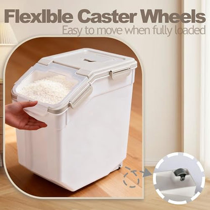 RUIAN 2Pcs Large Flour Storage Container Bin 50Lb Airtight Rice Storage Containers with Wheels Seal Locking Lid, BPA Free with Measuring Cup&Scoop for Flour, Rice, Grain 100LBS Total (Grey) - color: Gray 2Pack 50Lb