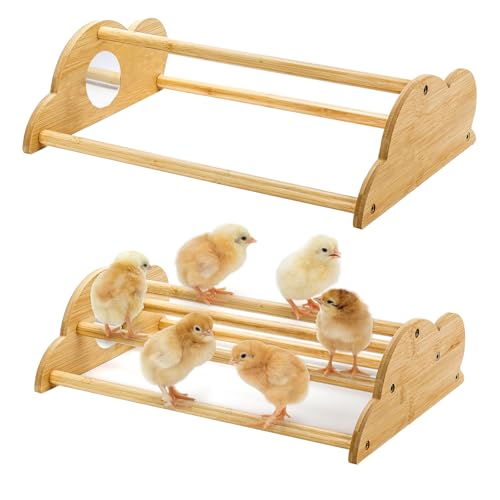Frcctre 2 Pack Bamboo Chicken Perch, Freestanding Roosting Bar Set Baby Chick Stand Training Perch Chicken Jungle Gym with Built-in Mirrors for Brooder, Coop, Hens