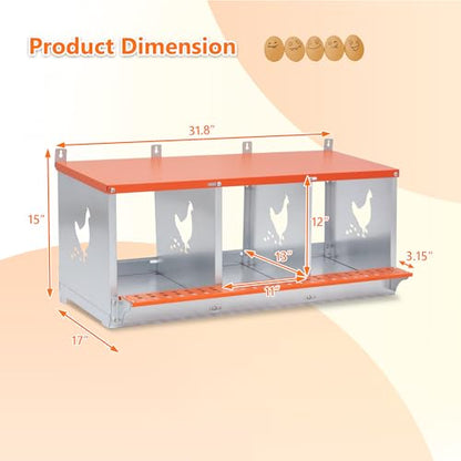 Galvanized Steel Chicken Nesting Box 3 Bay Wall Mounted Predator Proof for Hens and Ducks Easy Egg Collection Vented Design Easy Assemble Orange Coop Equipment (3 Compartment) - size: 31.8"L x 17.0"W x 15.0"H