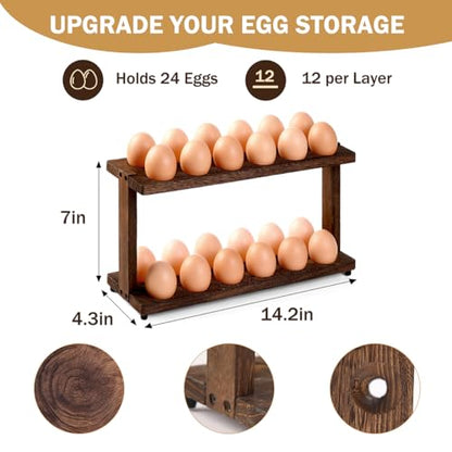 PEKER Wooden Egg Holder, 2-Tier Countertop Egg Rack, 24-Egg Capacity (Paulownia Wood), Farmhouse Kitchen Organizer for Fresh Eggs