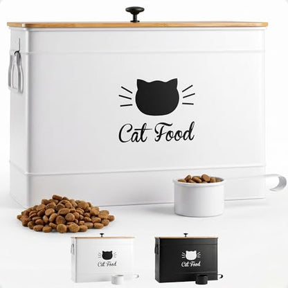 Cat Food Storage Container with Scoop - 15 lb (50 Cup) Capacity Metal Cat Food Container with Airtight Bamboo Lid & Metal Scoop - Airtight Pet Food Storage Containers - 15 lb Treats & Kibble Container - color: White