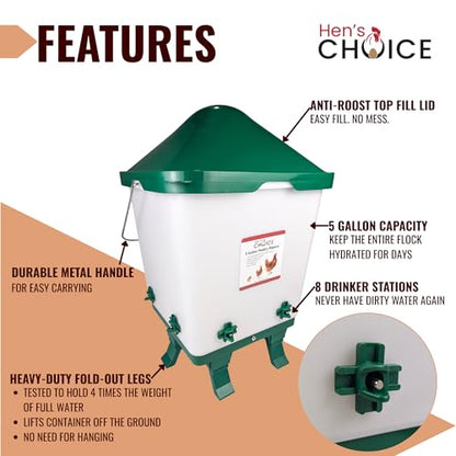 Hen's Choice 5 Gallon Chicken Waterer with 8 Drinker Nipples, Anti-Roost Lid, Top Fill Design, Heavy Duty Legs