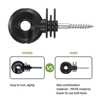 Upgraded Electric Fence Poly Wire 656 Feet 200 Meters and 50 Pcs Black Electric Fence Insulator Screw-in Insulator Fence Ring Wood Post with 1 Pcs Insulator Socket Tool - size: 656 Feet Wire/50 Insulator