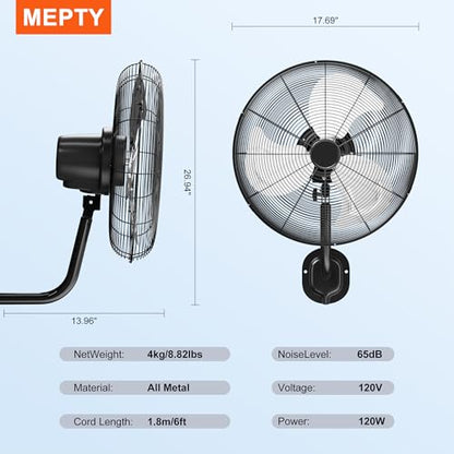 MEPTY 18" Wall Mount Fan, Heavy Duty Industrial Wall Fan, High Velocity Oscillating Fans with 3 Speeds for Patio, Shop, Greenhouse, Garage, Commercial, Household use - size: 18inch