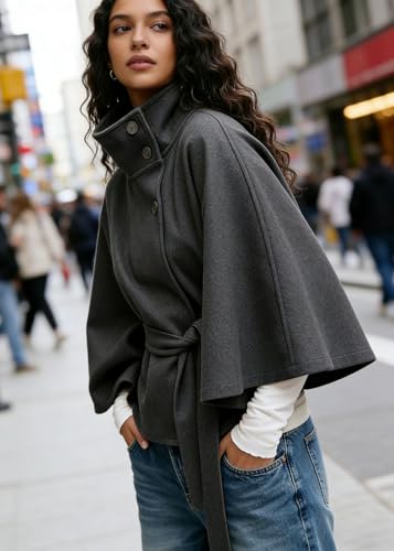 CHARTOU Women Batwing Sleeve Ponchos Pea Coat Wool Stand Collar Belt Capes Jacket Winter Cropped Overcoat - color: Grey, size: Large