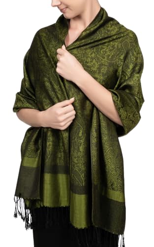 Achillea Two-Tone Vintage Paisley Pashmina Scarf – Lightweight Wrap & Shawl for Dresses, Weddings, Travel, All Seasons - color: Dark Green