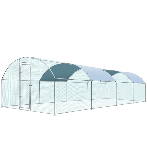 Extra Large Metal Chicken Coop for 40-45 Chickens, Portable, Walk-in Chicken Run, Chicken Pen Outdoor W/Cover, Waterproof & Anti-UV, 26.3' D x 9.8' W x 6.4' H, Wire Mesh Poultry Cage for Yard - size: 315.0"L x 118.1"W x 76.8"H, style: Dome Roof