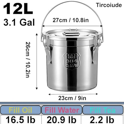 304 Stainless Steel Flour Canister, 12L/3.1 Gal Airtight Metal Canisters with Lids, Airtight Storage Container for Bean Flour Oil Sugar Milk Storager Bucket (Handheld) - size: Handheld 12L/3.1gal