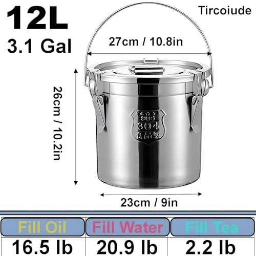 304 Stainless Steel Flour Canister, 12L/3.1 Gal Airtight Metal Canisters with Lids, Airtight Storage Container for Bean Flour Oil Sugar Milk Storager Bucket (Handheld) - size: Handheld 12L/3.1gal