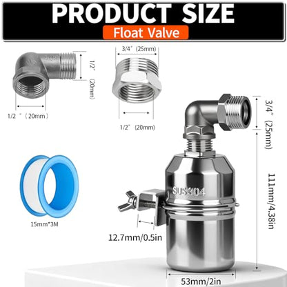 1/2“ 304 Stainless Steel Automatic Water Level Control Float Valve for Water Tank, Cattle Trough, Pools, Livestock (With Elbow, Metal Clip, 1/2" to 3/4" adapter) (3-Pcak) - color: 3-Pcak