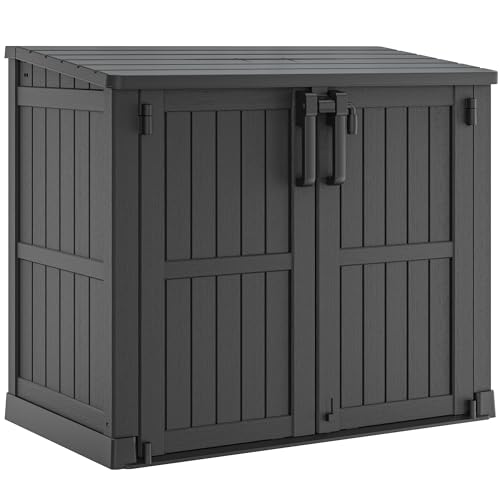 LHBcraft 36 Cu Ft Outdoor Storage Cabinet, Horizontal Resin Storage Shed Box for Backyards, Patios, Portable Waterproof Outdoor Storage Box with Lockable Doors, Ashen - color: Dark-Black, size: 30.1"×52.1"×44.3"