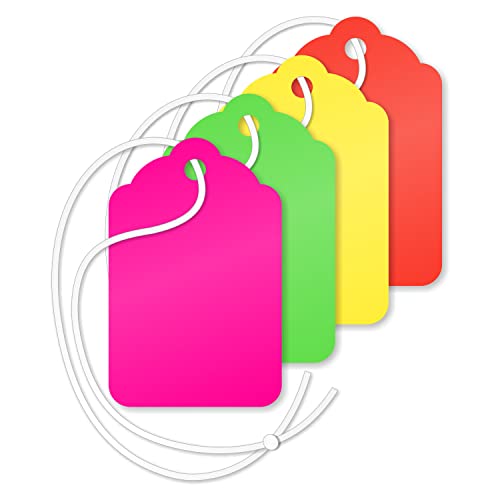 SmartSign Multi-Colored Merchandise Blank Tags with String | Fluorescent Green, Red, Pink and Yellow 1.75 x 1.125 Inches 13 Pt Cardstock Pack of 1000 - color: Fluorescent Multi-color, size: 1 3/4" x 1 1/8"-Cotton Strings