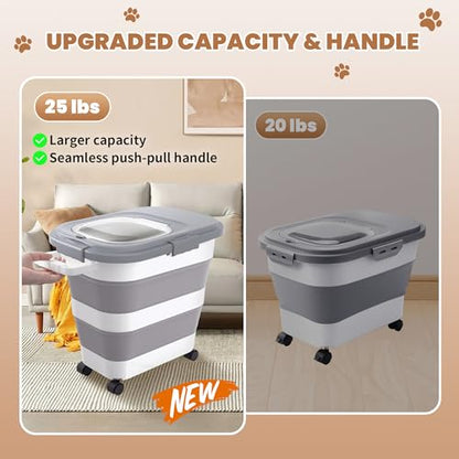 23-25 Lbs Airtight Dog Food Storage Container,Collapsible Dog Food Container with Lid,Wheels,Handle,Large Pet food storage Container with Scoop,Small Food Container for Dog Cat - color: Grey/25 LBS