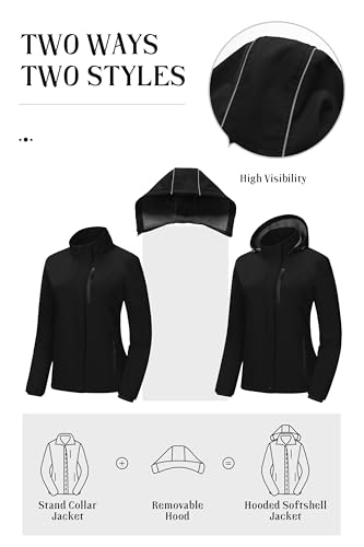 Pursky Women's Softshell Jacket Lightweight Fleece Lined Rain Jacket Waterproof Warm Windbreaker Coat With Removable Hood - color: Black, size: Large