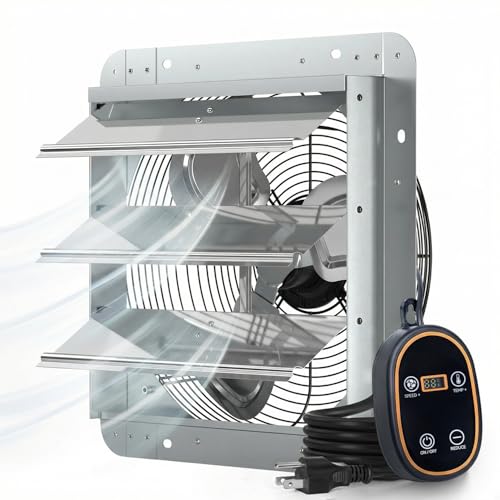 Amico 14" Shutter Exhaust Fan with Thermostat, 1775 CFM High Airflow Attic Fan for Garage up to 2500 Sq.Ft, 35W EC Motor 8-Speed Vent Fan, Auto-Close Louvers, Wall Mount, Plug & Play, FCC - size: 14 Inch