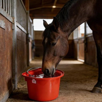predolo Horse Feeder Feed Bucket Wear Resistant Sturdy PP Metal Ergonomic Handle Easy to Carry Suitable for Equestrian Stable Outdoor barn Livestock Care, Red - color: Red