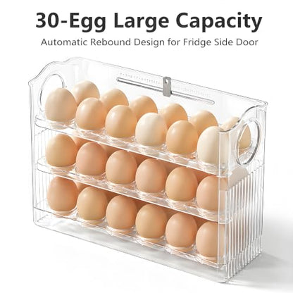 Egg Holder for Fridge, Holds 30 Eggs, 3-Tier Stackable Egg Organizer for Refrigerator with Date Tracker & One-Hand Access, BPA-Free PET Egg Storage Container for Countertop or Fridge, Clear