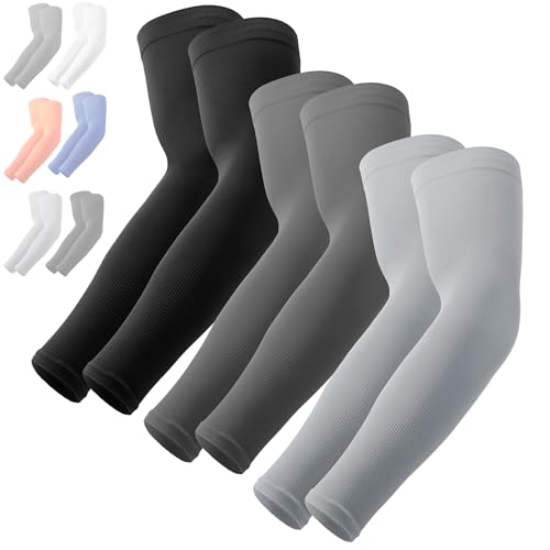 OutdoorEssentials UV Sun Sleeves for Men & Women, Cooling Arm Sleeves UPF 50+ | Golf, Tattoo Cover Up, Sun Protection - color: (3 Pairs): 1 Black, 1 Dark Gray, 1 Light Gray