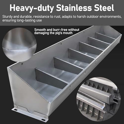 ERRULAN Stainless Steel Hog Feeder Heavy Duty, Large Capacity Pig Feed Trough -4/5/7 Hole for Pigs, Outdoor Livestock Feeder for Swine Farms/Chicken Coop(59"/5ft/5bit) - size: 59"/5ft/5bit