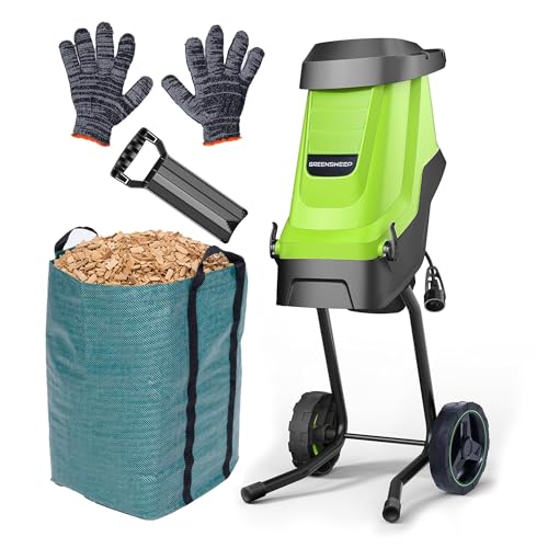 GreenSweep Electric Wood Chipper & Mulcher – 15A Powerful Garden Chipper for Branches, Sticks & Yard Waste – Compact, Quiet & Easy to Use with Collection Bag - color: Dark Green