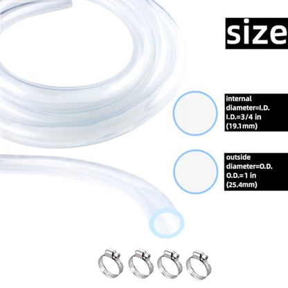 PVC Tubing 3/4" ID x 1" OD - 10 ft Clear Vinyl Tubing with 4 Stainless Clamps, Low Pressure Flexible PVC Tube, Lightweight Plastic Vinyl Hose for Transfer Water Air Oil. - size: 3/4 in. ID x 1 in. OD, style: 10 Ft.