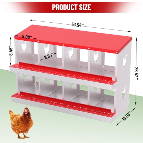 Chicken Nesting Box,8 Holes Galvanized Steel Metal Chicken Laying Box with Automatic Roll-Away Egg Collection System & Removable Tray,Wall Mount Nesting Boxes - color: Red, size: 8 Holes