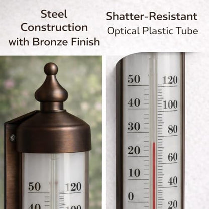 Bjerg Instruments Outdoor Thermometer – Dual Fahrenheit & Celsius, Bronze Finish Adjustable Garden Tube Thermometer, 10-Inch Wall or Fence Mount Temperature Gauge for Patio, Garden & Porch