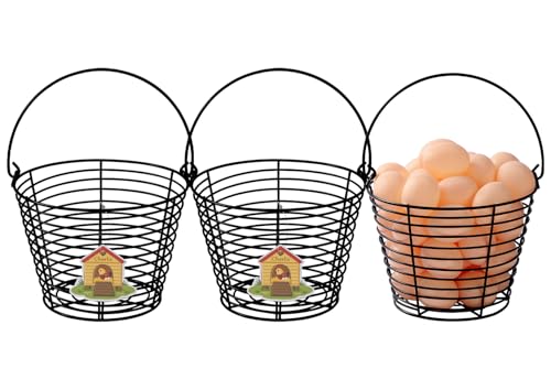 3 Pack 8 Inches Metal Mesh Wire Egg Collecting Basket with Handle Portable Garden Vegetable Fruit Storage Lightweight Hanging for Kitchen Farmhouse Gathering Picnic (Black-Heavy Weight) - color: Black-Heavy Weight