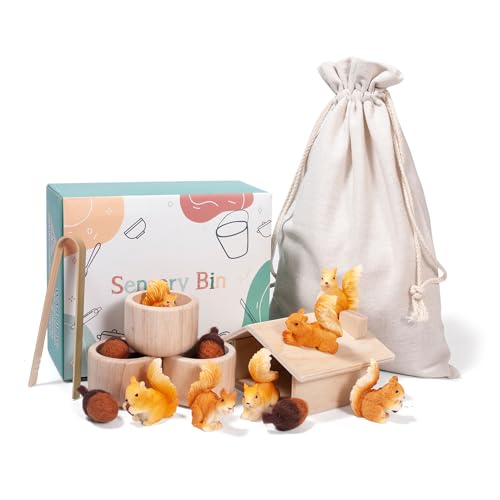 Sorting Stacking Wooden Toys for Toddlers, Squirrel Montessori Toys Toddler Sensory Bin Tool Toy, Wood Squirrel Toy House Fine Motor Skill Early Learning Educational Gift for Kids - style: Squirrel Toys