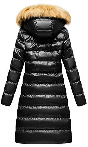 CREATMO US Women's Long Winter Faux Fur Coat Puffer Warm Jacket with Detachable Hood - color: Shine Black, size: Small