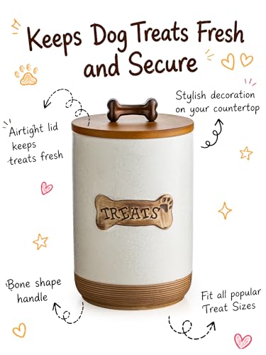 Miamolo Airtight Dog Treat Container, Dog Food Storage Container, Ceramic Dog Treat Jar with Wood Lid and Handle, Pet Treats Canister for Countertop, Farmhouse Gift for Dog Lovers, Bone Glinting White - color: Bone Glinting White