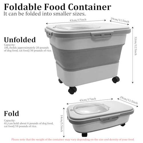 20-30 Lbs Rice and Pet Food Storage Container - Collapsible Airtight Food Storage with Rolling Wheel & Locking Lid, Flour Container with Cup & Scoop for Rice, Flour, Pet Food (Grey)