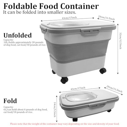 20-30 Lbs Rice and Pet Food Storage Container - Collapsible Airtight Food Storage with Rolling Wheel & Locking Lid, Flour Container with Cup & Scoop for Rice, Flour, Pet Food (Grey)