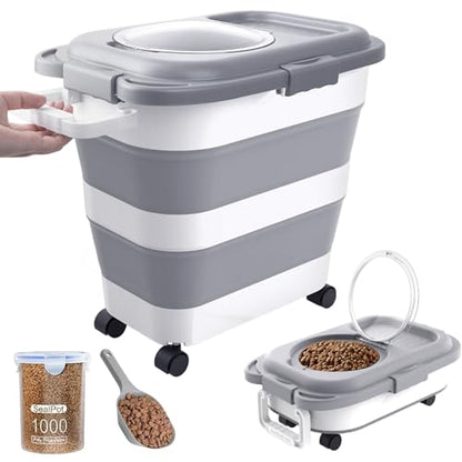 25-28Lbs Dog Food Storage Container Airtight,Collapsible Pet Food Storage | Dog Food Container with Handle,Wheels,Double Airtight Seal Fresh,Save Space,Pest/Mouse-proof,Small Cat Food Container,Scoop - color: Grey/25-28 Lbs