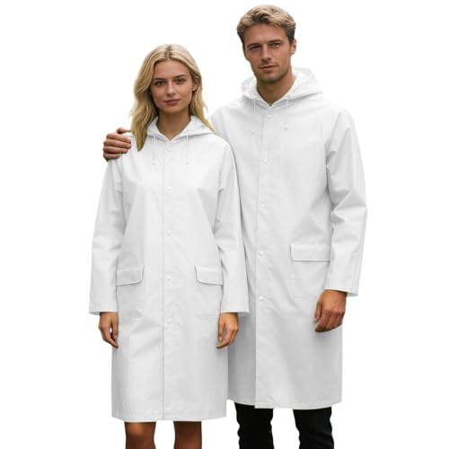 Unisex Hooded Raincoat Waterproof Reusable Rain Jacket with Pockets for Cycling Hiking Travel Commuting - color: White, size: Medium