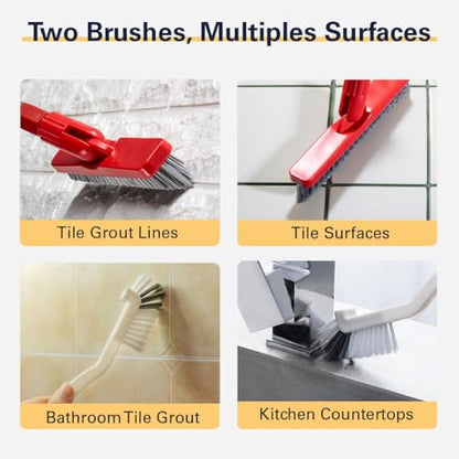 Foxtrot Living Grout Brush with Long Handle & Handheld Stiff Bristle Scrubber, V-Shaped Cleaner with Telescopic Handle for Easy Cleaning & Storage - Tile Floor Cleaning Brush - color: White and Red