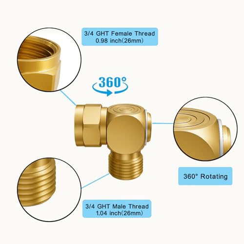 90° Hose Elbow Adapter, Brass 3/4" Garden Hose Connector with PTFE Tape and Washer, Right Angle Anti-Kink, Leak-Proof Fitting for RV, Outdoor Faucets - size: 3/4 Connector