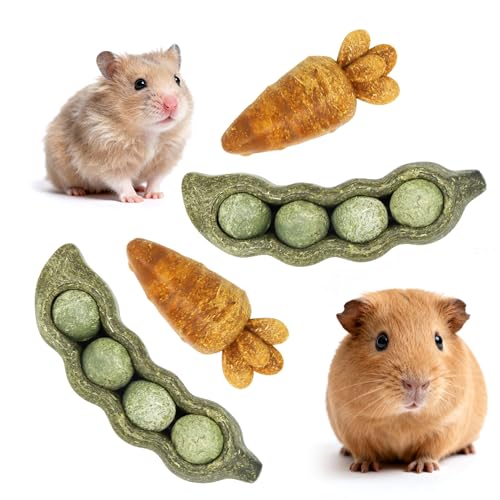 TEEWY 4PCS Guinea Pig Toys, Prevent Teeth Overgrowth, Natural Vegetables and Timothy Grass, Hamster Chew Toys, Chinchilla Toy, Peapod and Carrot Chew Toy Set - style: 4PCS-Peapod and Carrot