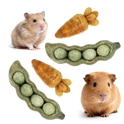 TEEWY 4PCS Guinea Pig Toys, Prevent Teeth Overgrowth, Natural Vegetables and Timothy Grass, Hamster Chew Toys, Chinchilla Toy, Peapod and Carrot Chew Toy Set - style: 4PCS-Peapod and Carrot