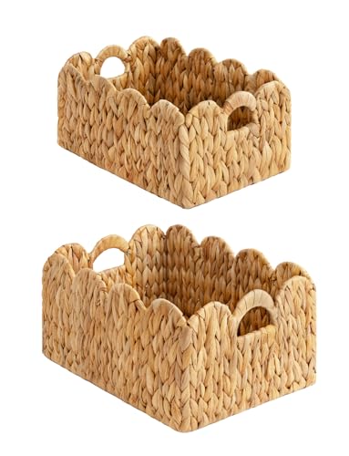 StorageWorks Scalloped Edge Wicker Basket, Hand-woven Rattan Baskets with Built-in Handles, Water Hyacinth Basket for Organizing and Decor, 2 Pack - color: Natural(Water Hyacinth), size: 15" L x 11" W x 7" H