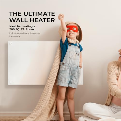 EconoHome Wall Mount Space Heater Panel - with Thermostat - 600 Watt Convection Heater - Ideal for 200 Sq Ft Room - 120V Electric Heater - Updated Model - color: White, size: 600W