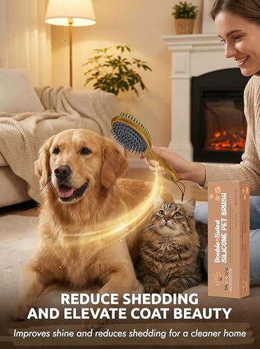 TAKAVU Short Hair Dog & Cat Deshedding Brush - Double Sided Grooming Tool with Silicone Massage & Bristle Sides - Removes Loose Fur & Dirt - Wood Handle - color: White Boar Bristle & Silicone Brush