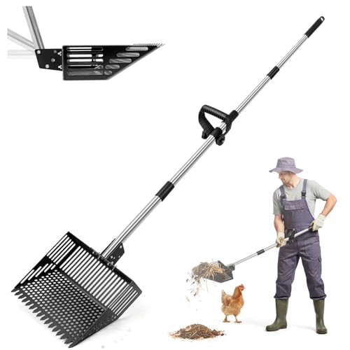 Chicken Poop Scooper,15-INCH Adjustable Angle Chicken Coop Scoop,3-in-1 Sand Rake with Stainless Steel Handle(36"-65"),Chicken Coop Accessories Cleaning Tool for Farm Animals - size: 63.0"L x 15.0"W x 8.3"H