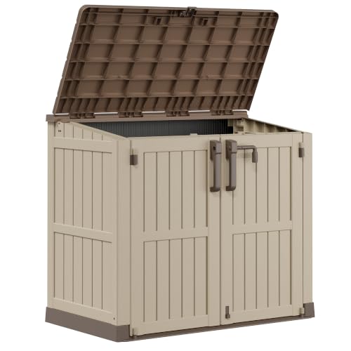 LHBcraft Waterproof Outdoor Storage Box 36 Cu Ft with Lockable Doors, Portable Outdoor Storage Box, Horizontal Outdoor Storage Cabinet for Backyards, Brown-Beige - color: Brown-Beige, size: 29.1"×51.1"×43.3"