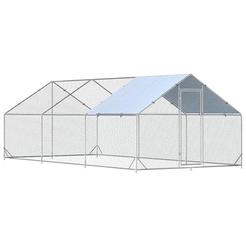 Large Metal Chicken Coop Walk-in Poultry Cage Hen Run House Habitat Spire Shaped Cage with Waterproof and Anti-Ultraviolet Cover for Outdoor Backyard Farm Use (19.68’ L×9.84’ W) - size: 19.68’L x 9.84’W