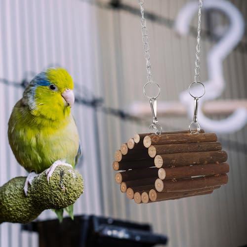 Toyvian Wooden Parrot Swing and Small Animal Tunnel with Hanging Chain, Interactive Climbing Chew for Birds and Hamsters, Natural Pet Foraging Hammock for Cage Accessories