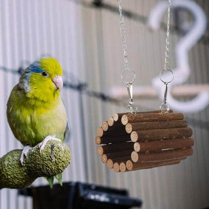 Toyvian Wooden Parrot Swing and Small Animal Tunnel with Hanging Chain, Interactive Climbing Chew for Birds and Hamsters, Natural Pet Foraging Hammock for Cage Accessories