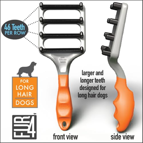 FUR4 deShedding Dog Brush for Long Hair Dogs – Pet Hair Brush with 4 Carbon Fiber Edges – deShedding Tool Removes Loose Fur – Gentle & Effective Dog Grooming Brush for Shedding - size: Long Hair